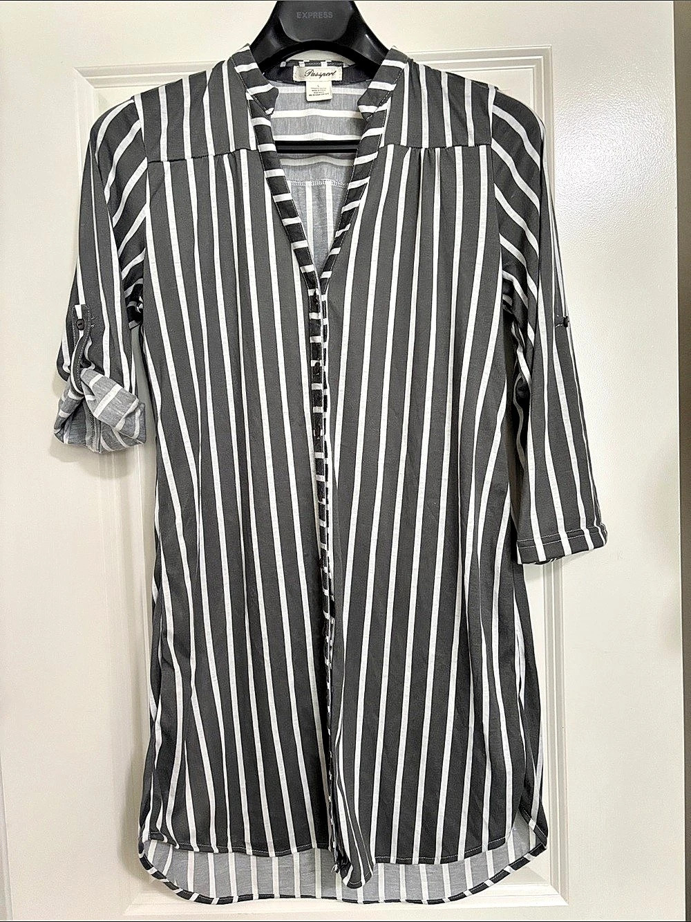 Women's Striped Button Down Dress in Gray & White